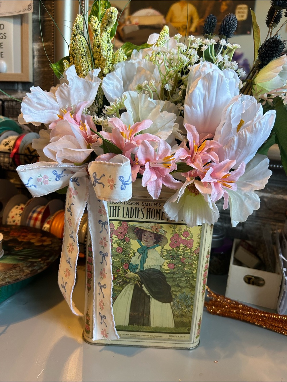 Hand Crafted Pink & White Faux Floral Tin Arrangement